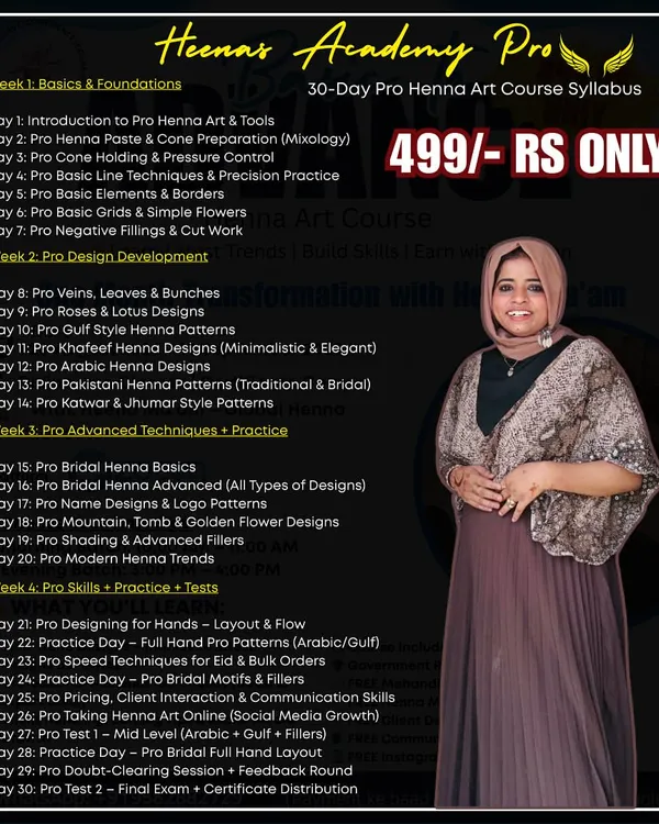 This is the detailed 30-day syllabus for my Heenar Academy Pro course, priced at just 499 RS. It covers everything from basics and design development to pro skills and client management.