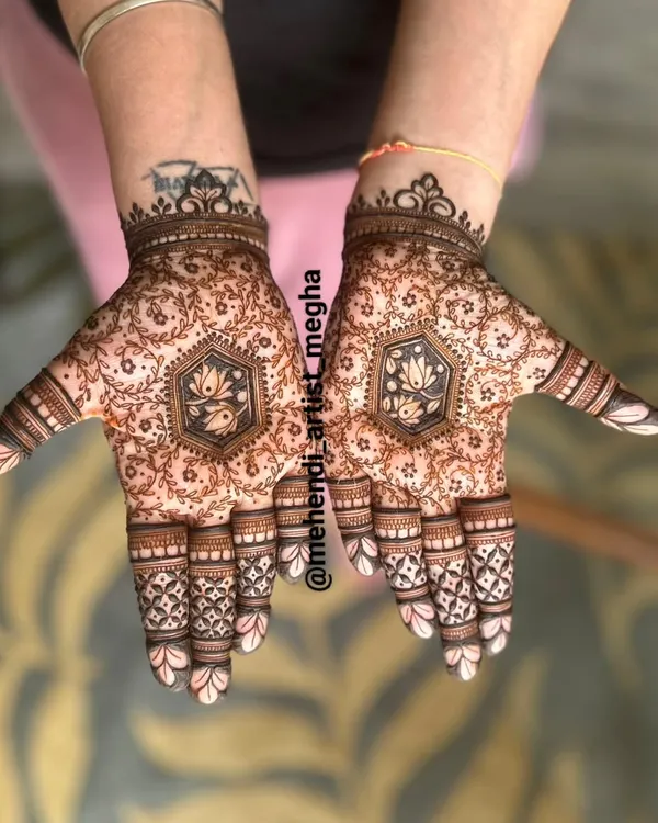 A modern take on traditional art, this design features a hexagonal lotus mandala on each palm, surrounded by fine, delicate patterns.
