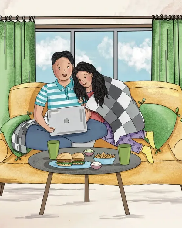 This is a full-view of a custom digital illustration I created for a wedding invite. The couple wanted to be depicted in their cozy, happy place, so I drew them relaxing on the couch, capturing a sweet and personal moment.