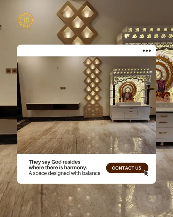 They say God resides where there is harmony. This space is designed with that balance in mind, featuring an ornate mandir, elegant wall paneling, and polished marble floors to create a divine atmosphere.