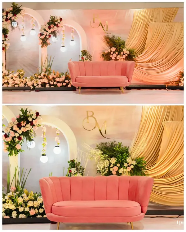 The stage and seating I designed for an elegant engagement ceremony. The soft color palette, floral arches, and custom monogram create a romantic and personalized backdrop for the couple.