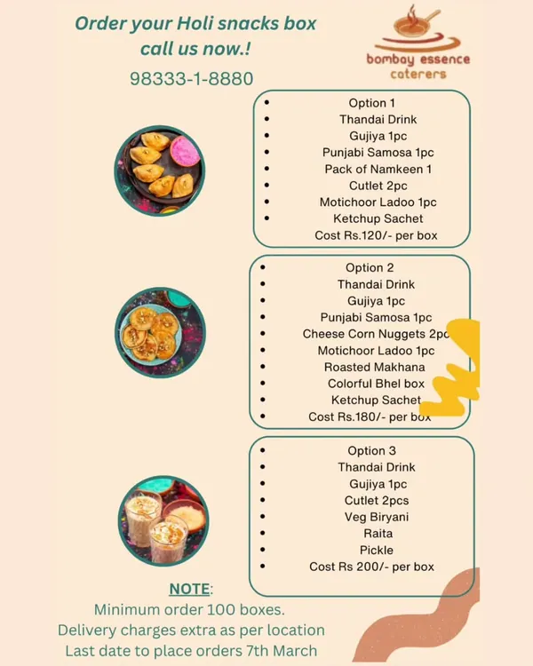 Our special menu for Holi celebrations, featuring three different snack box options. Each box is packed with festive treats like Thandai, Gujiya, and Samosas to add flavour to your festival of colours.