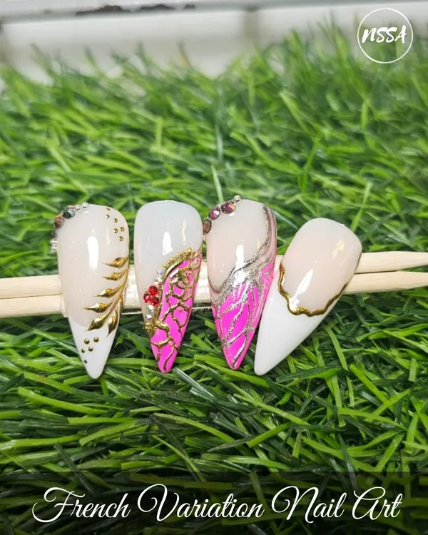 This set showcases creative variations on the classic French manicure. We've combined it with techniques like snakeskin texture, gold chrome lining, and rhinestone accents for a modern, edgy look.
