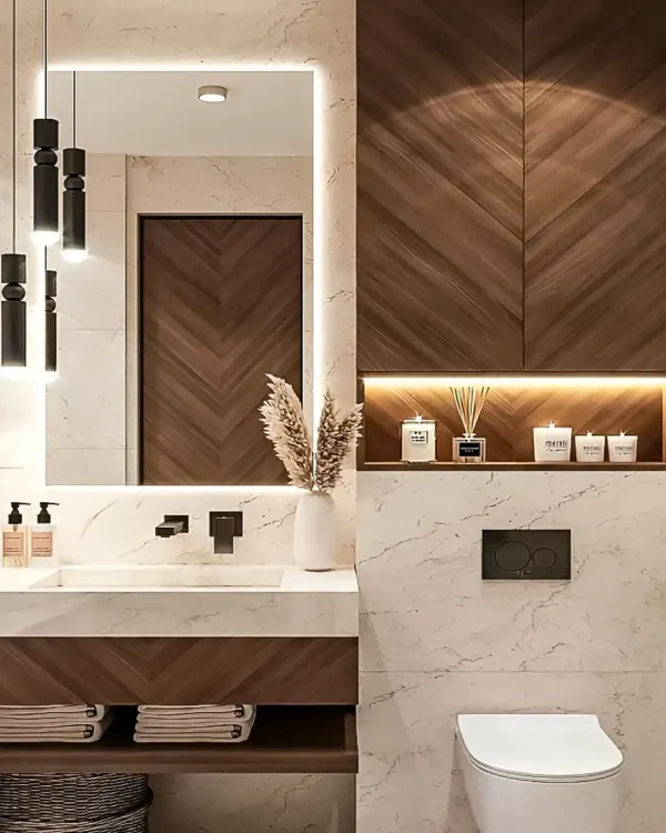 A luxurious bathroom design featuring a dark wood vanity with a chevron pattern, a marble-tiled wall, and a backlit storage niche. The pendant lights add a touch of modern elegance.