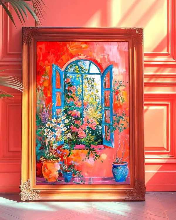 A promotional graphic for my 'Blue Window' acrylic painting workshop. This image shows the beautiful reference painting for the session.