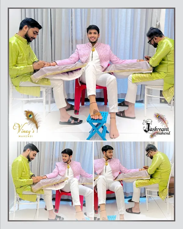 A collage showing the process of applying mehndi for a groom. As a team of two artists, my partner Jashvant and I can ensure both hands are done beautifully and efficiently.
