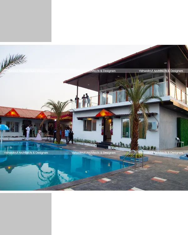 This is the Rock Villa in Panvel, a farm resort I designed to blend modern luxury with the tranquility of a weekend getaway. The view from the pool captures the project's essence: a space for relaxation and connection, where every architectural detail is crafted for a premium experience.