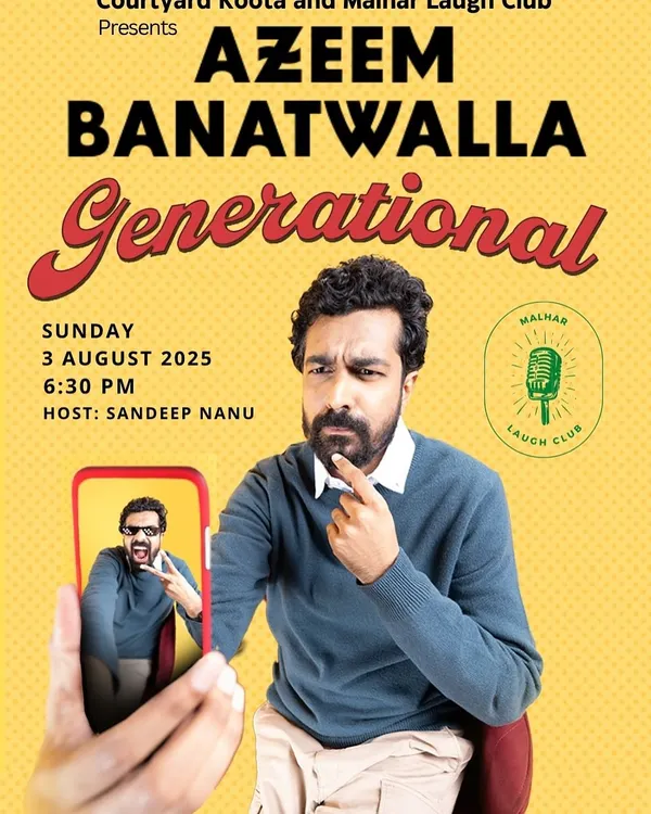 The poster for 'Generational', a stand-up show by the brilliant Azeem Banatwalla, presented in collaboration with Malhar Laugh Club.