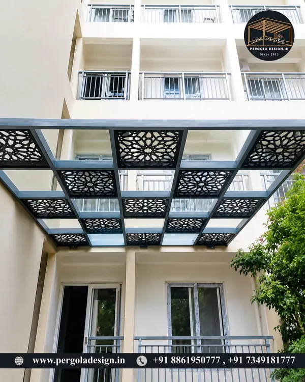 This entrance canopy showcases our custom laser-cut design capabilities. The decorative panels add a layer of visual interest and partial shade, transforming a functional structure into a piece of architectural art.