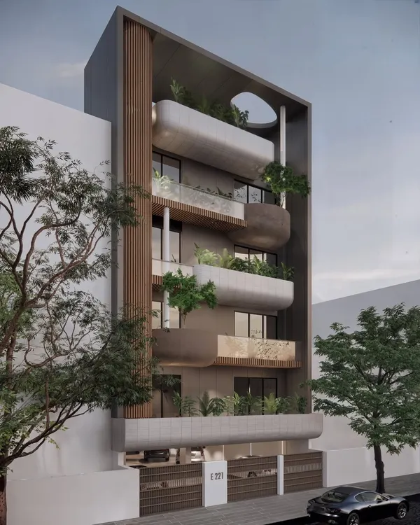 A closer look at our New Delhi project, where cantilevered balconies and integrated planters create a living, breathing facade. This design breaks away from urban monotony and introduces a dynamic interplay of form, material, and nature.