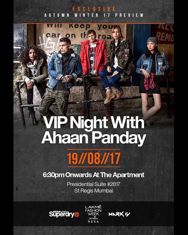 The official poster for my performance at the Superdry VIP party during Lakme Fashion Week, demonstrating my experience with high-profile fashion and corporate events.