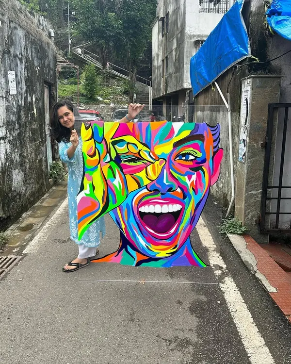 The final vibrant pop art piece I painted on a 5x4 feet acrylic sheet for a dental clinic. The bright, joyful expression is designed to make patients feel happy and at ease.