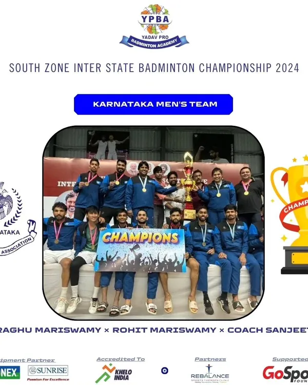Champions of the South Zone Inter-State Badminton Championship. A proud moment for the Karnataka Men's Team, featuring my players and coach.