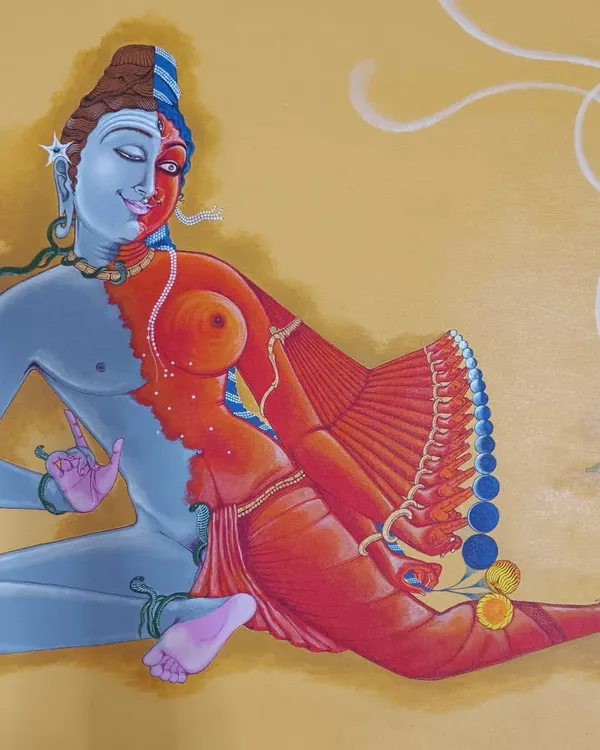 "Brahmopadesham: Sermon to Bhringi" depicts the origin of Ardhanarishvara. The painting captures the moment Parvati merges with Shiva to teach the obstinate sage Bhringi about the inseparability of Shakti and Shiva, illustrating a profound philosophical concept through dynamic form and color.