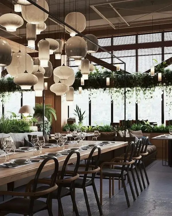 This 3D concept for a restaurant uses natural materials, lush greenery, and layered lighting to create an unforgettable dining ambiance. It's a perfect example of biophilic design in a commercial setting.