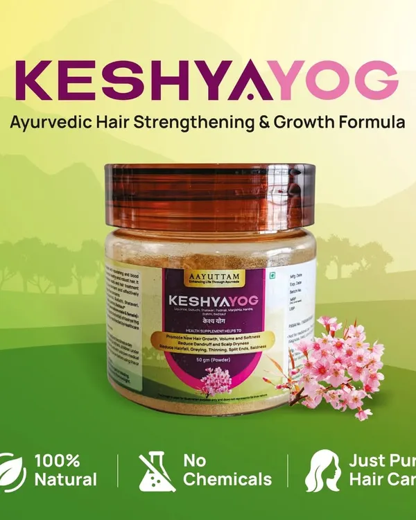 This is my Keshya Yog, an Ayurvedic formula for strengthening hair from within. It is a 100% natural powder designed to nourish your roots, support growth, and give your hair a natural shine without any chemicals.