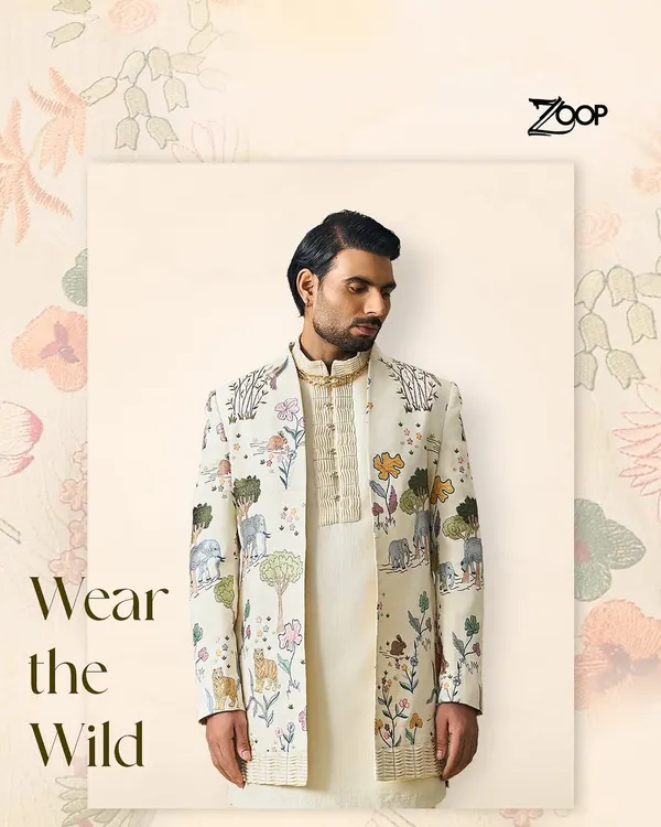 We believe your outfit should tell a story. This hand-painted sherwani from our Vanderphool collection is a piece of wearable art, featuring intricate flora and fauna motifs that bring a touch of the wild to wedding celebrations. It’s for the man who appreciates artistry and wants his shaadi look to be truly one of a kind.