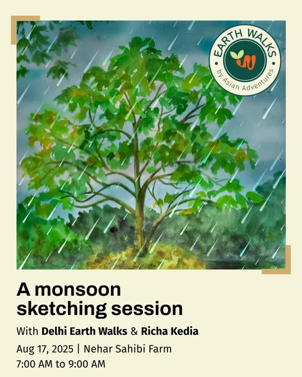 A beautiful watercolor painting of a tree in the rain, created by artist Richa Kedia. This artwork promotes our monsoon sketching session, where you can learn to capture the mood of the season.