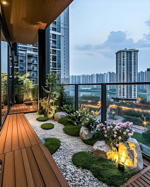 A zen-inspired balcony garden with pebbles, moss, and carefully placed rocks and lighting to create a tranquil miniature landscape.