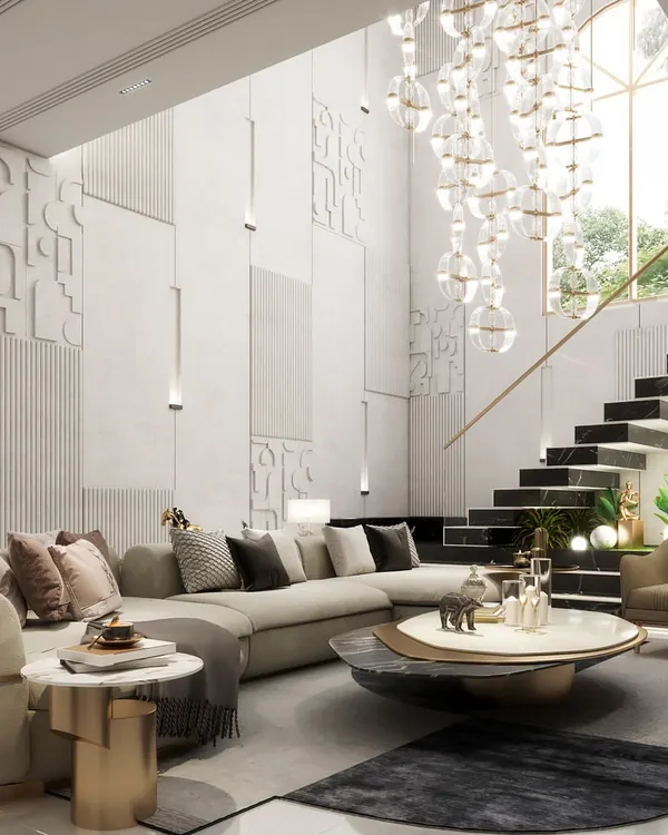 A double-height living room where scale and light are the heroes. Our render captures the grandeur of the space, from the texture of the wall panels to the dramatic staircase and the light pouring in from the large windows.