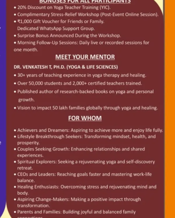 This poster details the many bonuses and features of one of our workshops. I believe in giving immense value, from discounts on teacher training to dedicated support groups. It also shows the wide range of people who can benefit, from CEOs to spiritual explorers.