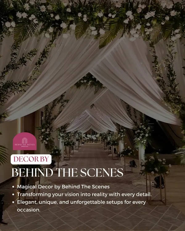 A breathtaking entrance corridor created by our decor partner, Behind The Scenes. The flowing white drapes and lush floral arrangements create a magical pathway for you and your guests.
