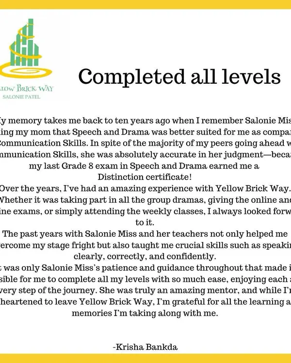 A wonderful testimonial from a student who completed all her levels with us. Her journey from choosing Speech and Drama to earning a Distinction is a story of dedication, and we are so grateful to have been her mentor.