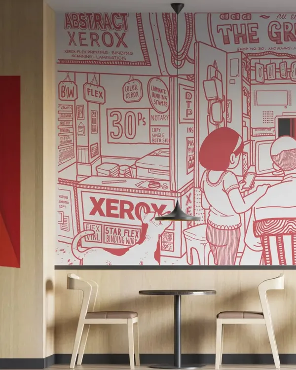 This graphic mural was a project for the Netflix headquarters in Mumbai. The goal was to create a nook inspired by the city's vibrant street corners, integrating themes from Netflix shows. It was a joy to bring the chaos and energy of a Mumbai gully to life on such a large scale.