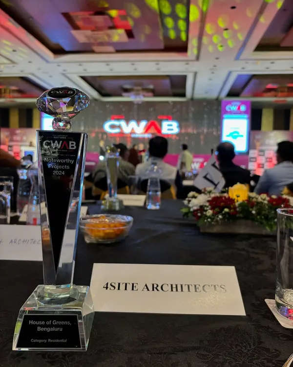 The trophy for our 'Noteworthy Project' award from the Construction World Architect and Builder (CWAB) Awards 2024. Our 'House of Greens' was recognized for its excellence in biophilic design and nature-integrated interiors.