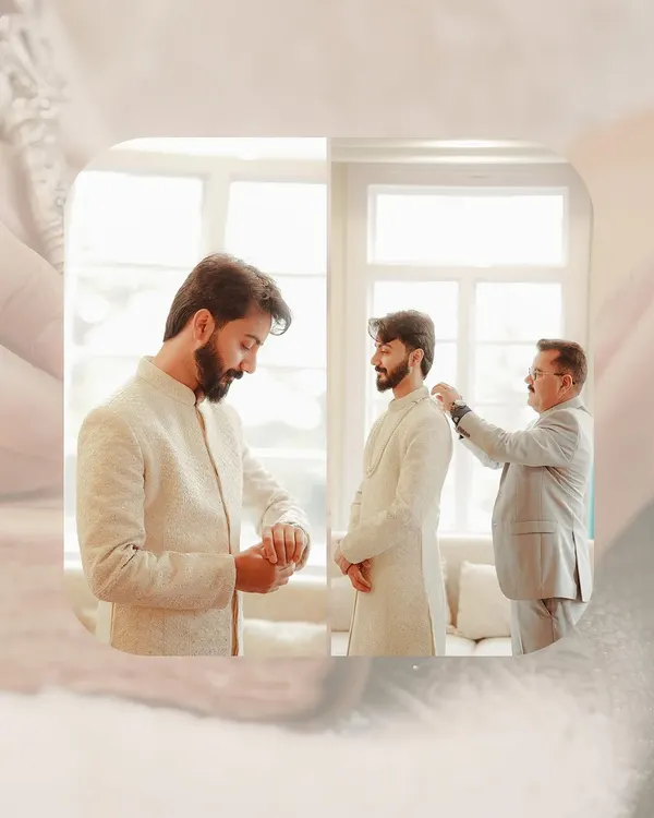 A collage showing the groom getting ready, with a touching moment of his father helping him. These quiet, behind-the-scenes shots are an important part of the wedding story.
