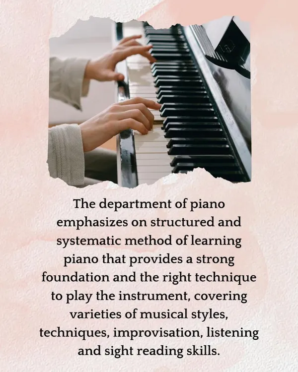 Our piano department emphasizes a structured and systematic method of learning. We provide a strong foundation in technique, sight reading, and improvisation across various musical styles.