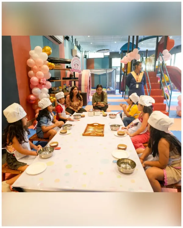 I set up a long table for our 'Little Chef' baking workshop, where kids get their own station to mix, create, and decorate.