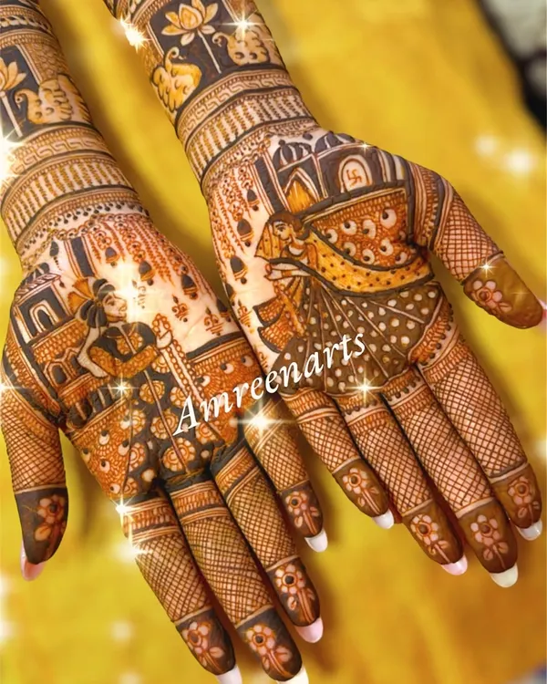 This is the kind of bridal mehandi I love to create, where every line tells a part of your story. This full-coverage design features detailed portraits of the bride and groom, a classic touch for your special day.