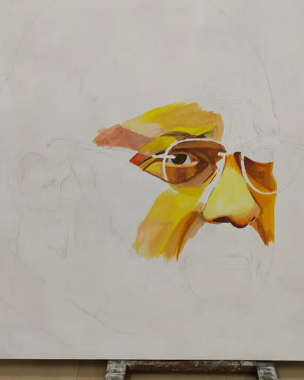 A sneak peek at a massive 5.5-foot canvas. This is the underpainting stage for the portrait of Mr. Amit Shah, where I begin mapping out the facial features and warm color palette.