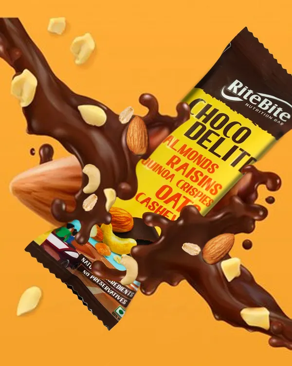 A dynamic splash of chocolate and nuts brings this RiteBite nutrition bar to life. I use creative techniques like this to create scroll-stopping visuals for food and beverage brands that highlight texture and flavor.