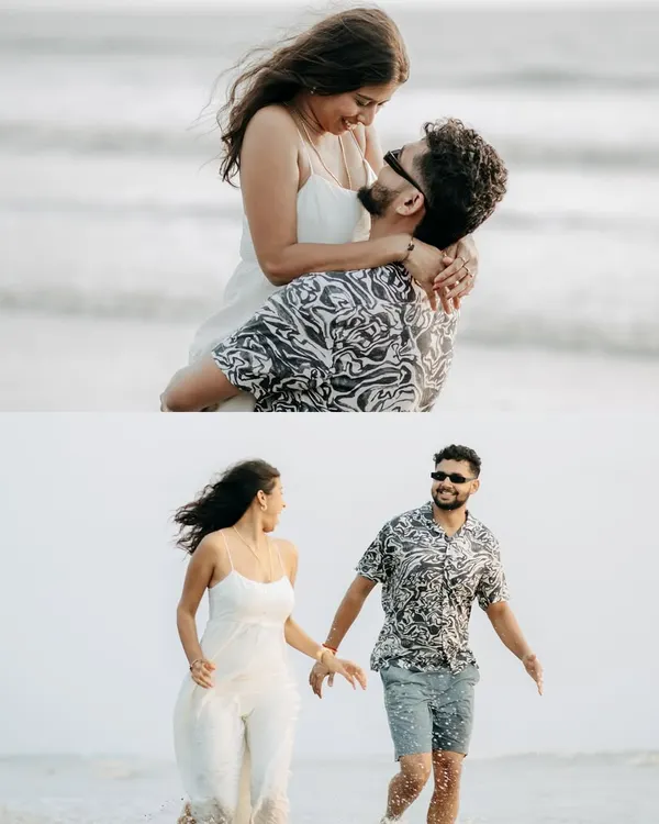 A collage of a couple's playful and romantic moments during their beach pre-wedding shoot. We capture the joy and freedom of being by the sea.