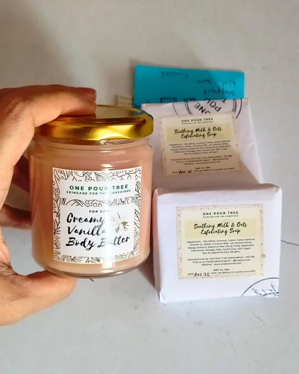 Here’s a look at a custom order being prepared. This client chose my Creamy Vanilla Body Butter and two bars of the Soothing Milk & Oats Exfoliating Soap. I love helping you put together the perfect combination.