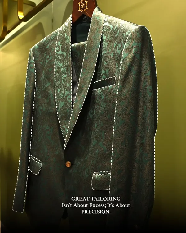 Great tailoring isn't about excess; it's about precision. This image illustrates the clean, sharp lines of a bespoke Indo-Western suit, where the fit defines the style.