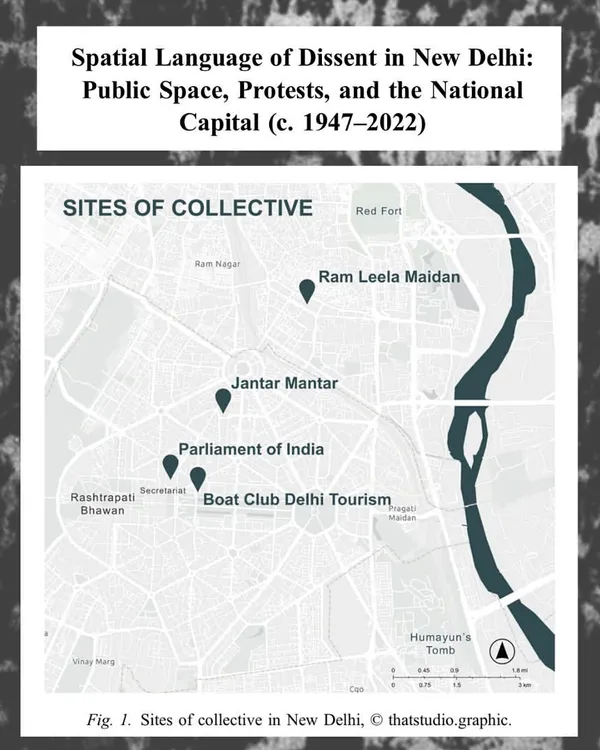 A map from an article I authored, showing the key sites of collective protest in New Delhi, including Jantar Mantar and the Parliament of India. My research traces the history of how these spaces have been designated and controlled, shaping the spatial language of dissent in the capital.