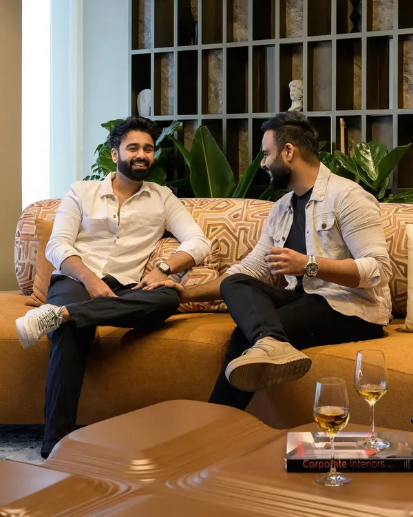 Welcome to the Midas Lounge, an office we designed with no workstations. Located on a top floor in Kohinoor Square, Mumbai, this socially inclusive space features a CNC-milled GRC coffee table, a grid wall of metal and marble, and custom jacquard sofas, all designed for conversation and connection.