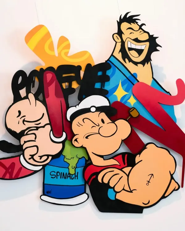 Here's the full view of my Popeye 3D artwork. I layered multiple CNC-cut wood pieces to give Popeye, Bluto, and even the spinach can a real sense of depth.