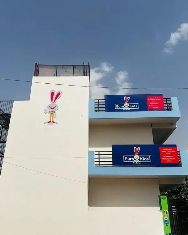The finished exterior of the Eurokid play school in Noida. We ensured the building's facade and signage were bright and welcoming, setting the right tone before anyone even steps inside.
