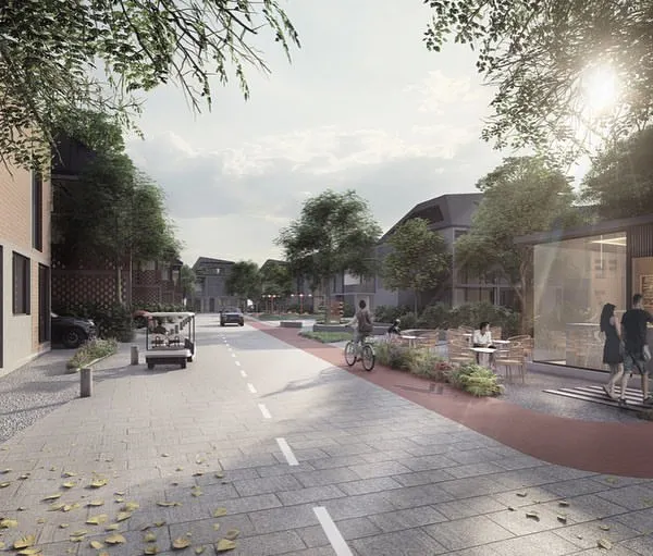 This street view of the Kolgaon masterplan illustrates our vision for a pedestrian-friendly community. By minimizing the ground footprint of the homes, we created expansive green areas and social pathways that encourage walking, cycling, and spontaneous interaction between neighbors.