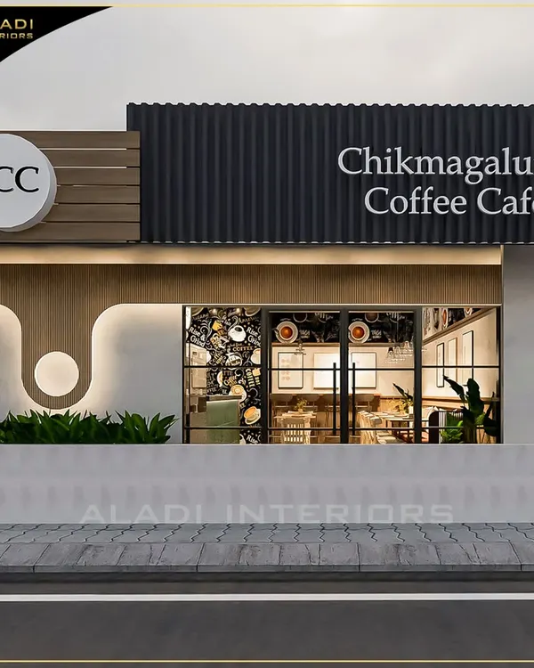 The exterior design for the Chikmagalur Coffee Cafe concept, featuring a modern facade with mixed materials and prominent branding that invites customers in.