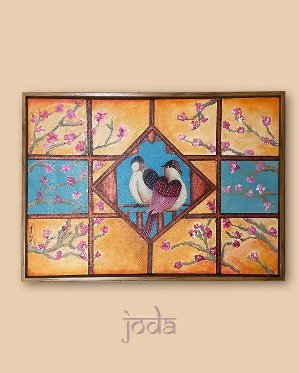 This piece, titled 'Joda', is very close to my heart. It tells a story of love and companionship, with two birds finding their sanctuary amidst a changing world. I used acrylics on canvas to create this feeling of warmth and hope, which is a central theme in many of my custom narrative paintings.