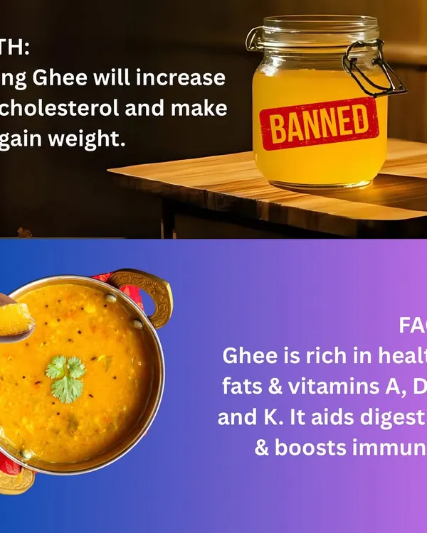 Myth: Eating ghee will increase my cholesterol and make me gain weight. Fact: Ghee is rich in healthy fats and vitamins A, D, E, and K. It actually aids digestion and boosts immunity when consumed in moderation.