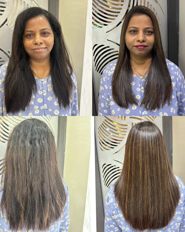 This collage shows the full transformation, combining global highlights with a Botox treatment. The client's hair goes from dull and frizzy to vibrant, smooth, and multi-dimensional in a single session.
