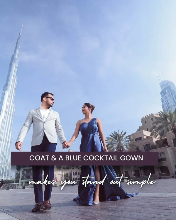 A powerful and stylish shot with the Burj Khalifa in Dubai as the backdrop. The couple's formal attire and confident pose create a look of modern luxury and ambition, perfect for a city-themed pre-wedding shoot.