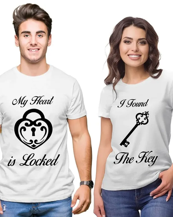 A classic couple t-shirt design, 'My Heart is Locked' and 'I Found The Key'. It's a cute and romantic way to show you're a perfect match, great for pre-wedding photoshoots.