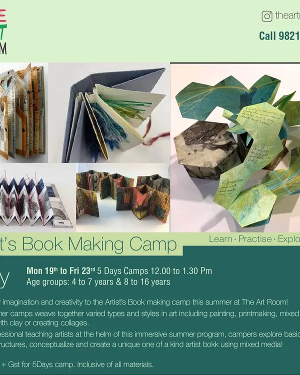 Announcing our Artist's Book Making Camp. This flyer provides details on the 5-day camp where students will learn basic book-making structures and create a unique mixed-media book.